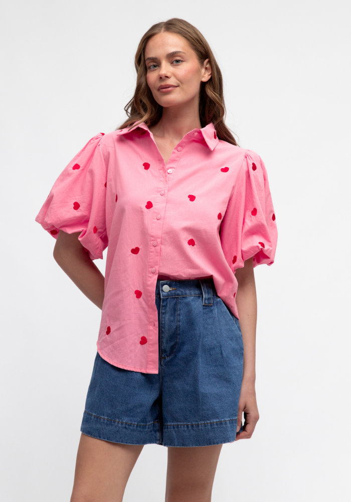 CARMEN HEART BUTTON THROUGH SHIRT - PINK/ RED HEART