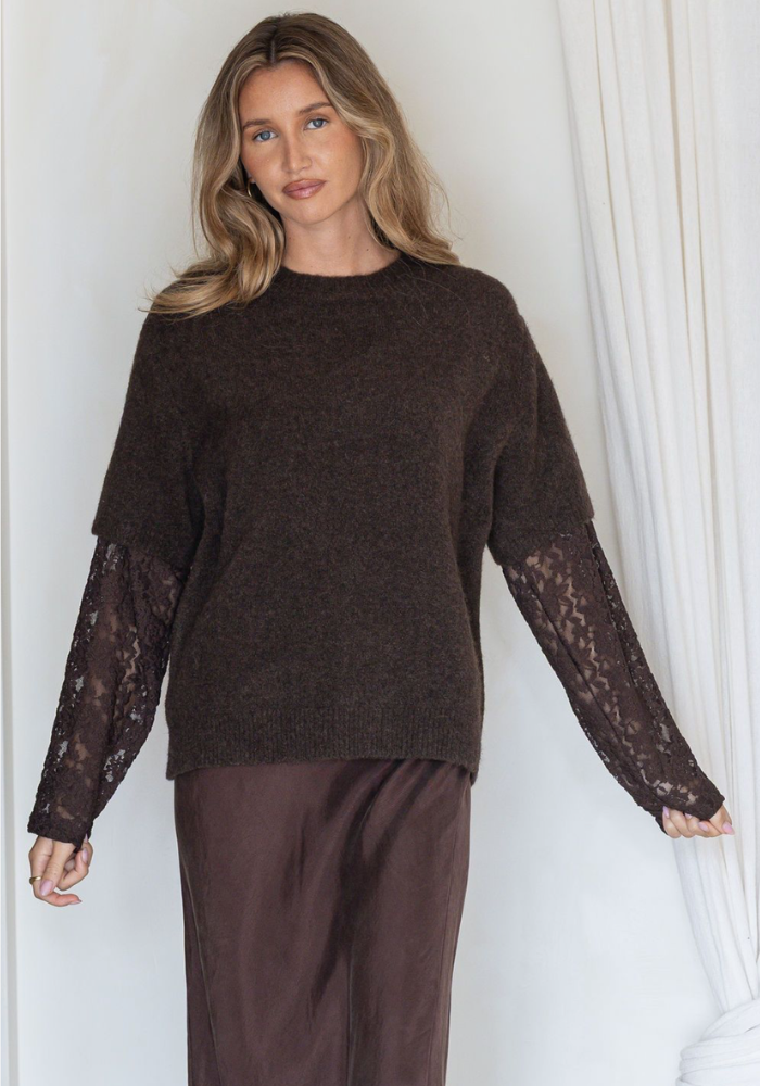 LANI LACE SLEEVE DETAIL KNIT - COFFEE
