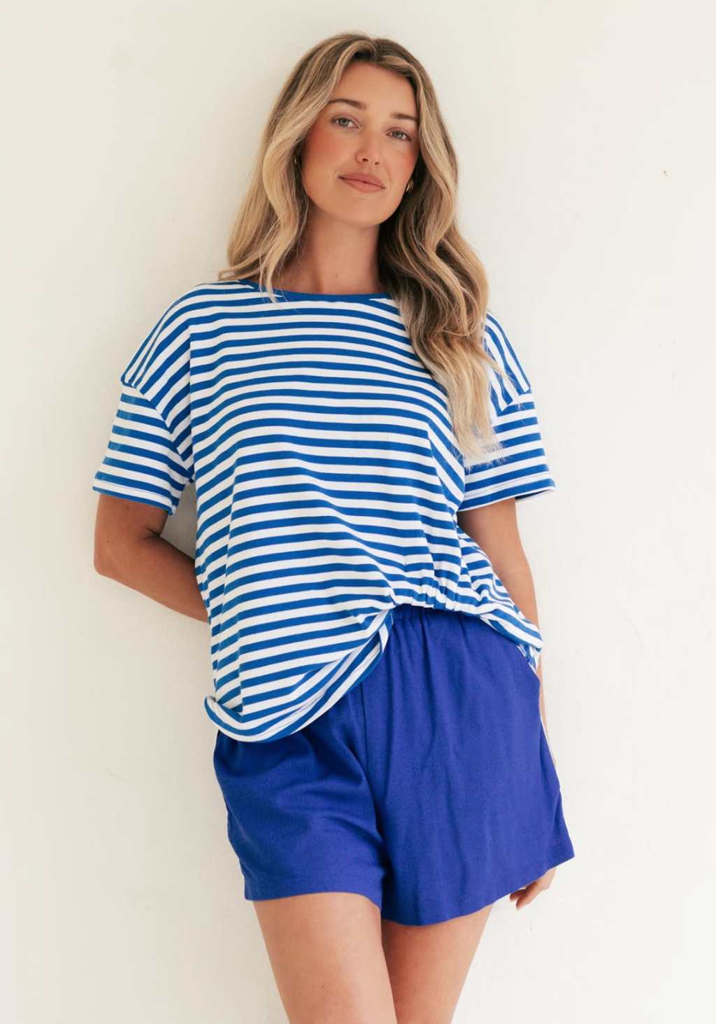 JESSIE EASY TUCK TEE - BLUE/WHTE STRIPE
