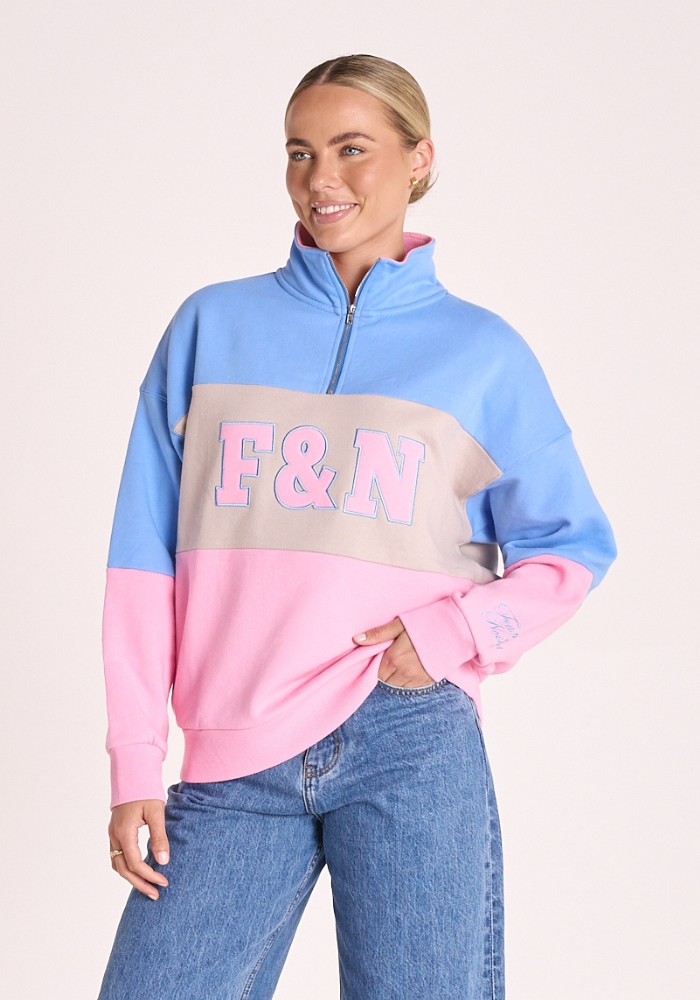 FEATHER + NOISE VARSITY LOGO SWEATER - PINK STRIPE