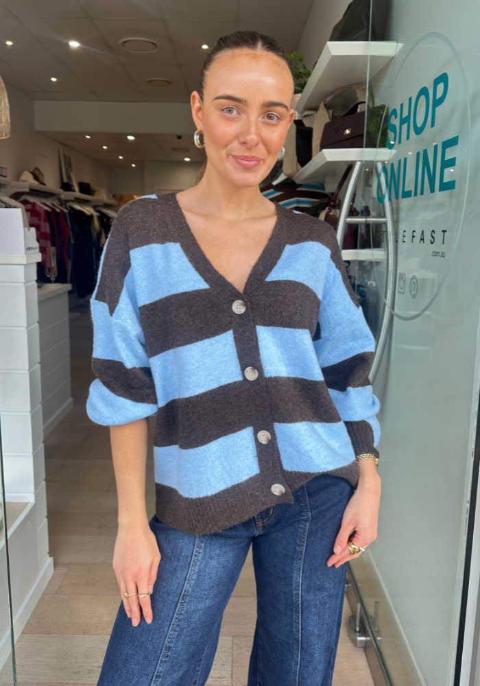 YANA V NECK KNIT - CHOC/BLUE STRIPE
