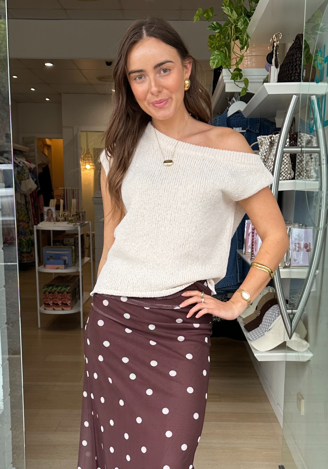 MADISON OFF THE SHOULDER KNIT TOP - BEIGE