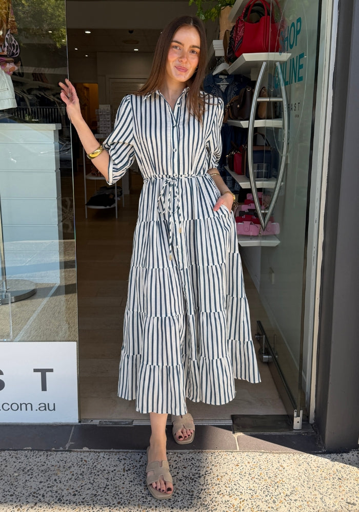 JANE LINEN DRESS - NAVY/WHITE PRINT