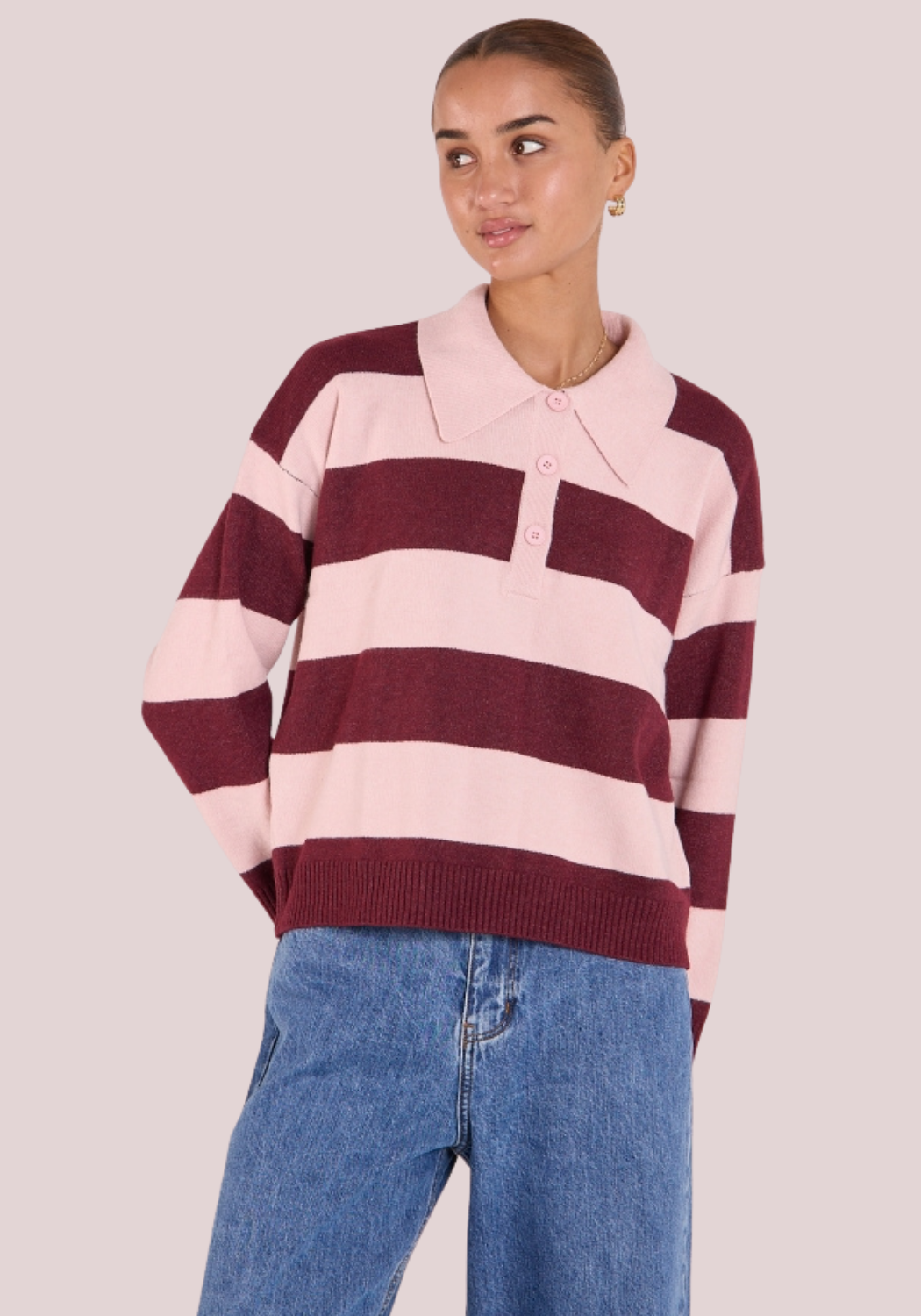 FEATHER + NOISE STEFI RUGBY KNIT - PINK BURGUNDY