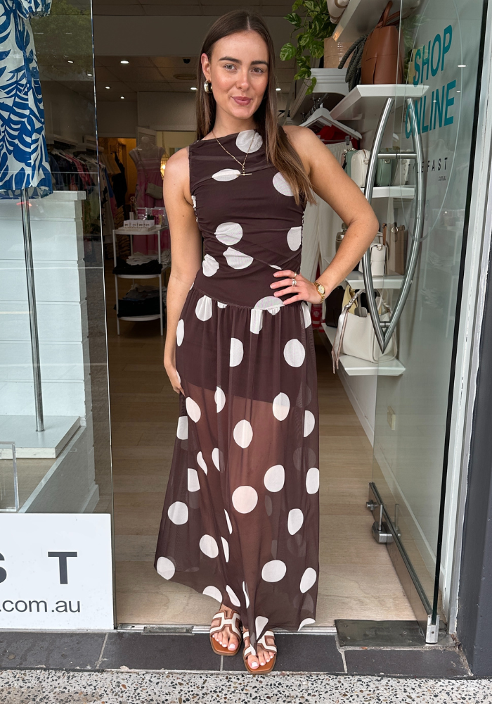 INES MESH MAXI DRESS - CHOCOLATE SPOT