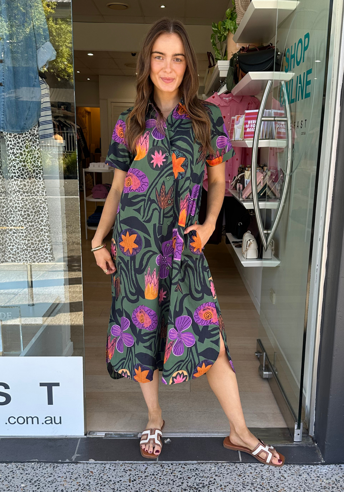 ITAMI MACHALA COTTON BUTTON DRESS - KHAKI PRINT
