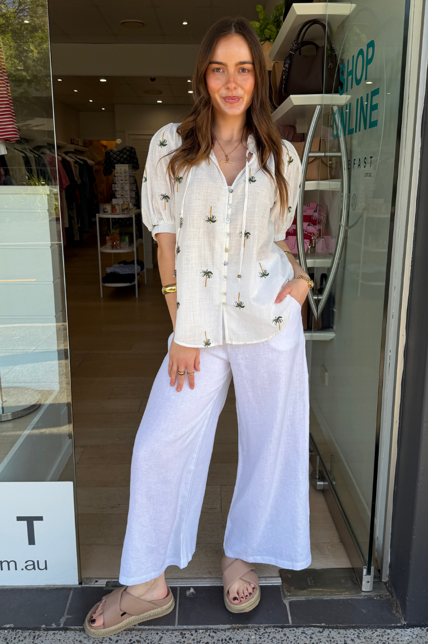 HALLIE BLOUSE - EMBROIDERY PALM PRINT