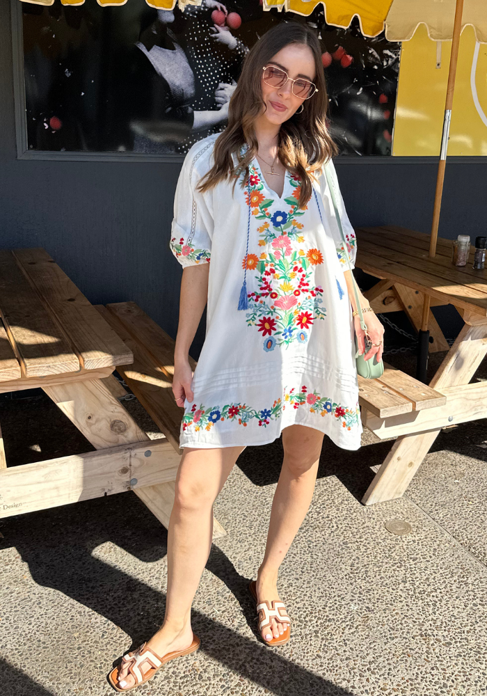 SHARN MINI DRESS - WHITE/ EMBROIDERY