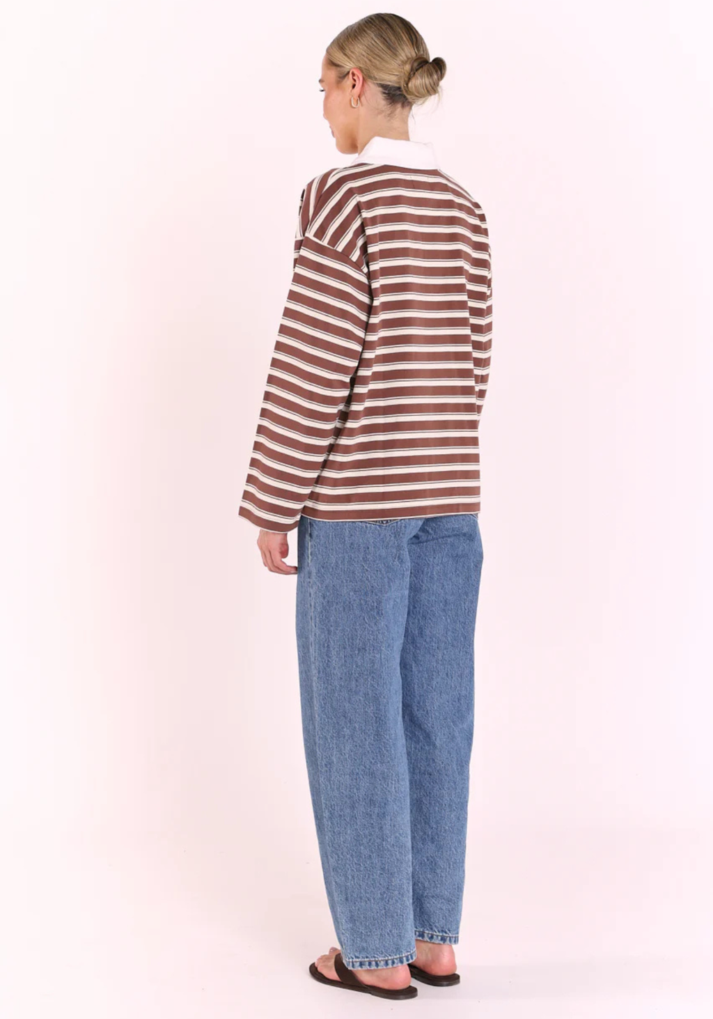FEATHER + NOISE FINN LONG SLEEVE RUGBY TOP - CHOC/CREAM STRPE