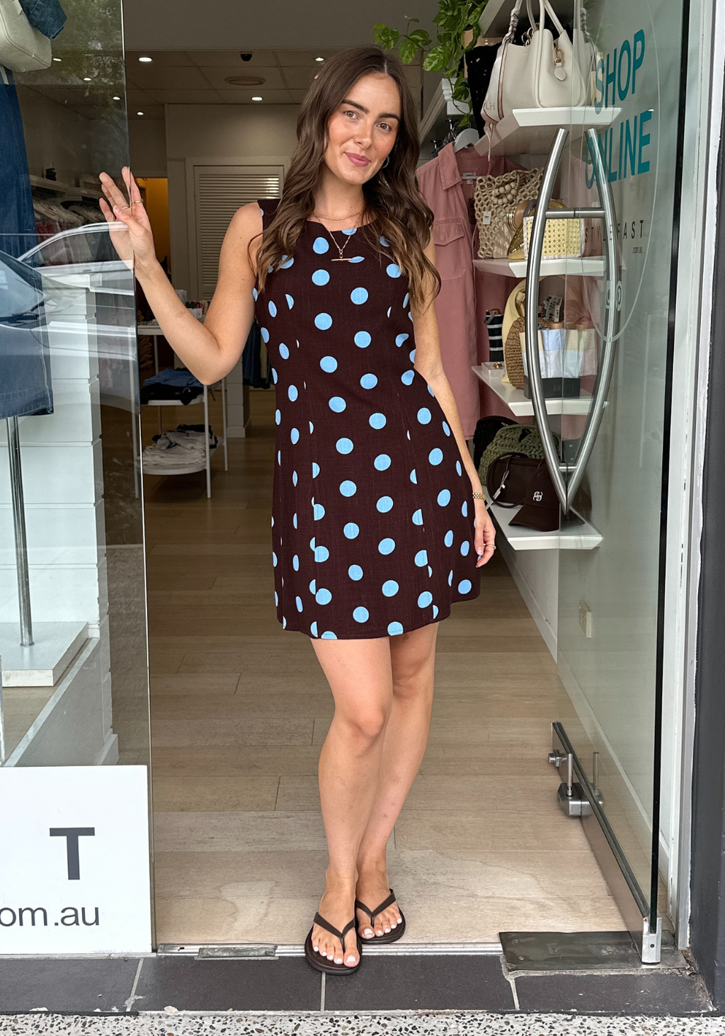 SABRINA MINI SHIFT DRESS - CHOCOLATE & BLUE SPOT