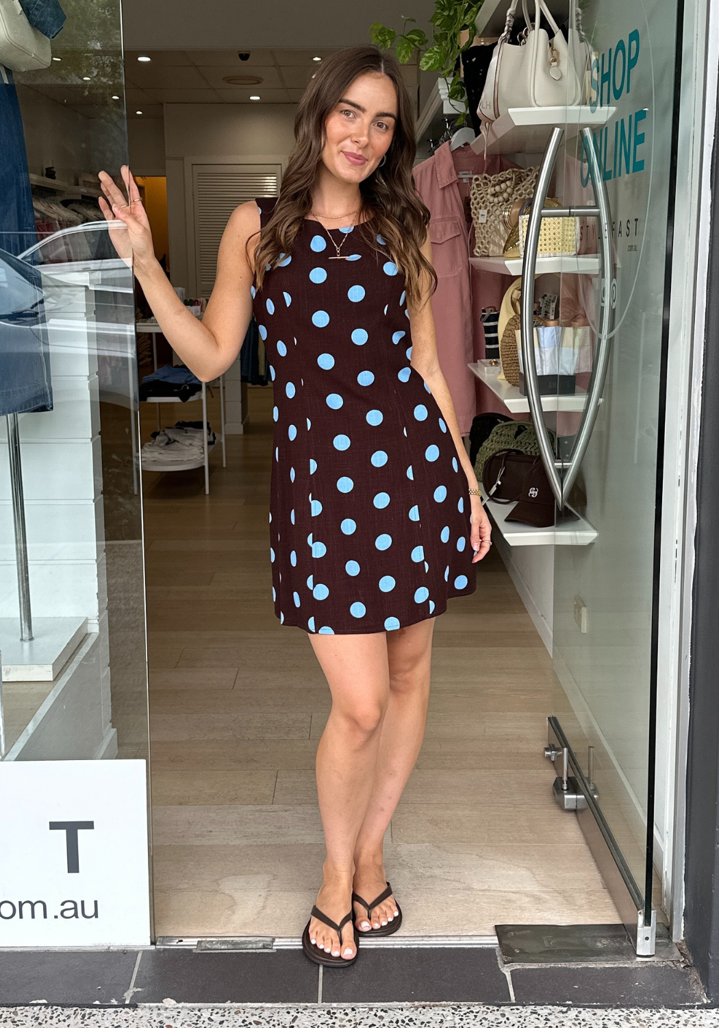 SABRINA MINI SHIFT DRESS - CHOCOLATE & BLUE SPOT