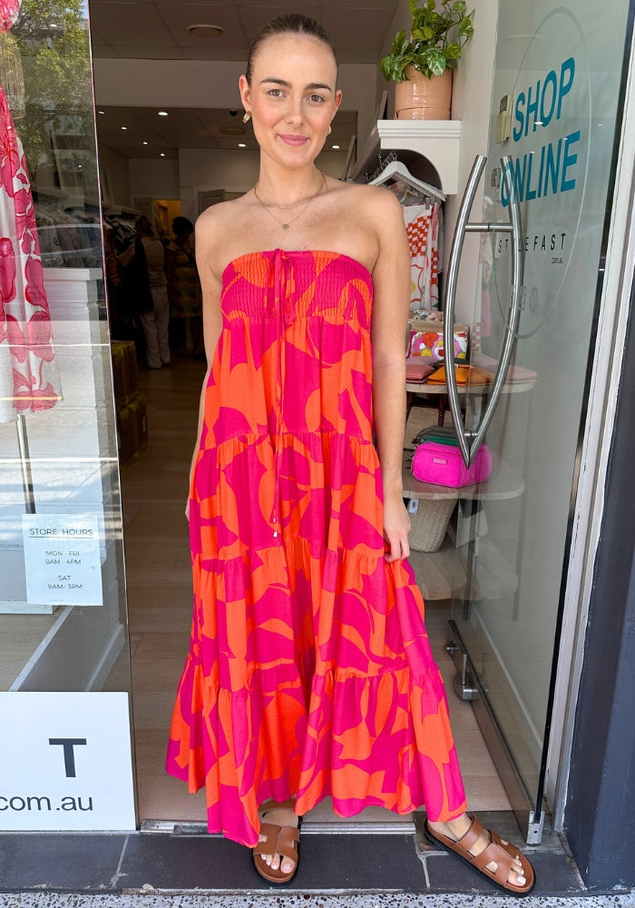 CARRIE TIERED MAXI SKIRT - PINK & ORANGE PRINT