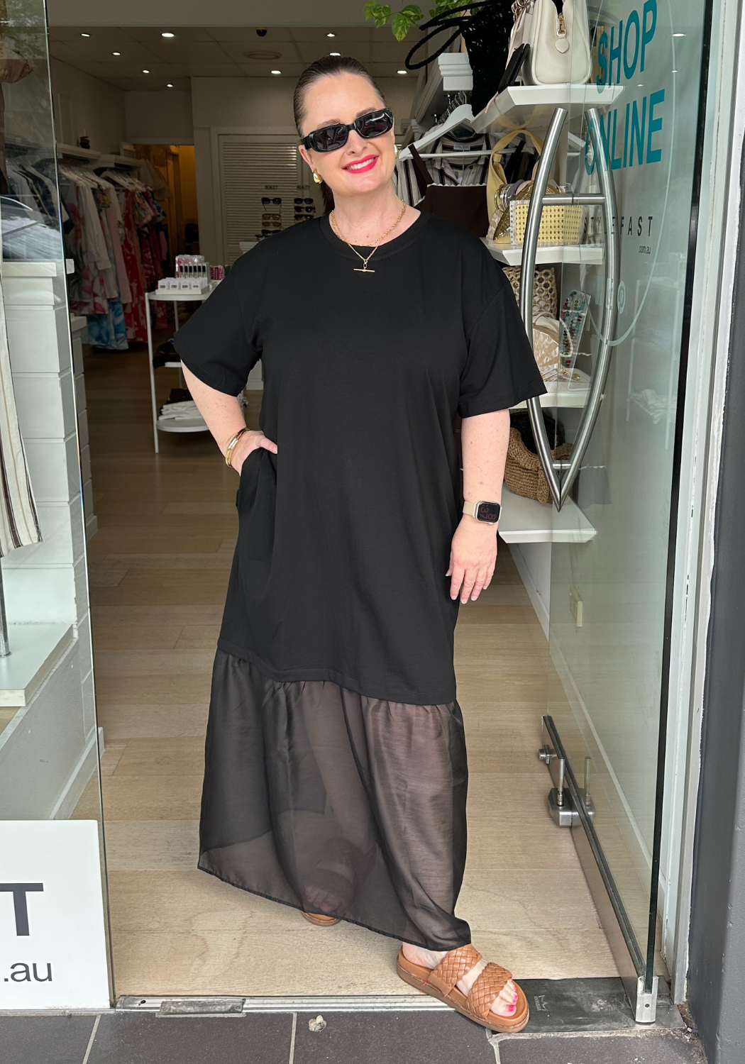 LARA SHEER HEM TEE DRESS - BLACK