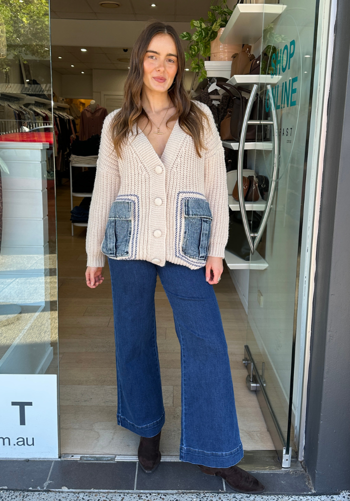 ZOLA JEAN DETAIL KNIT CARDI - CREAM/DENIM