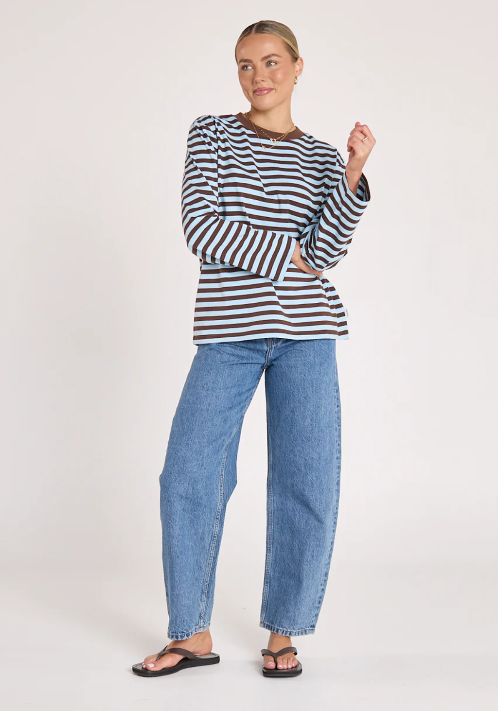 FEATHER + NOISE CARTER LONG SLEEVE TEE - CHOC/BLUE