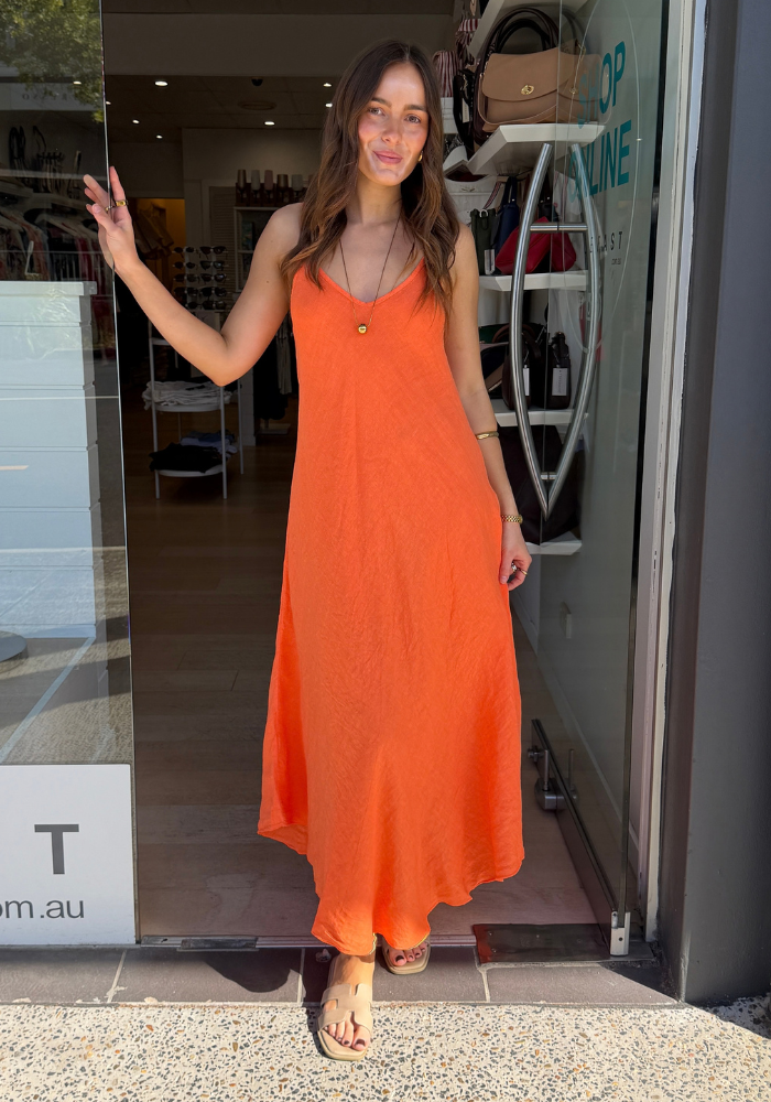 GINA LINEN SLIP DRESS - ORANGE
