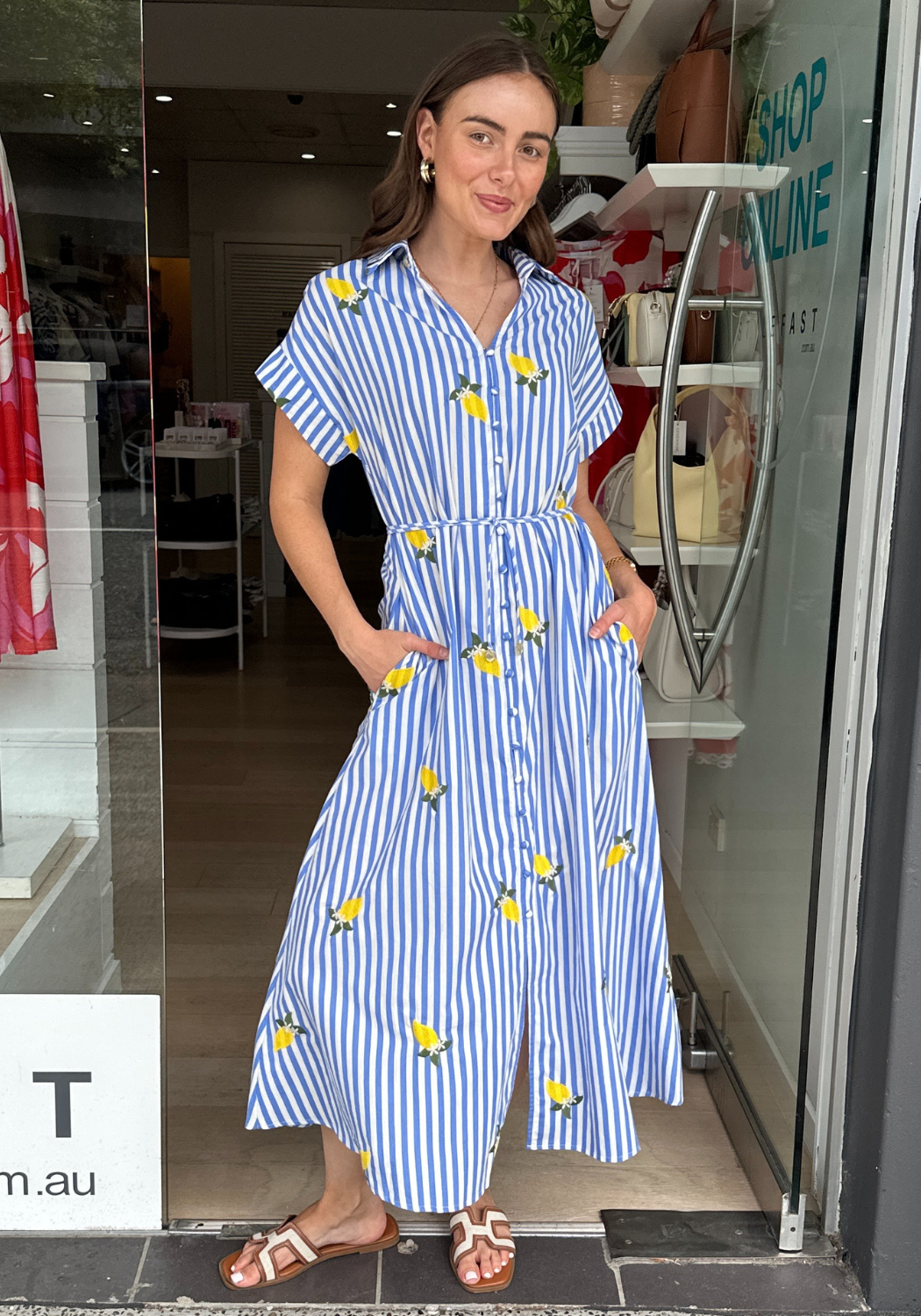BONNIE BUTTON THROUGH MAXI DRESS - BLUE STRIPE/LEMON