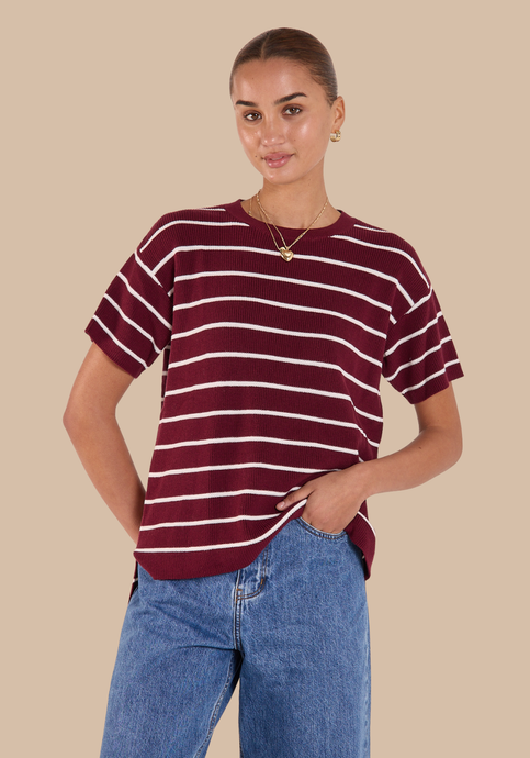 FEATHER + NOISE JASPER KNITTED TEE - BURGUNDY WHITE STRIPE