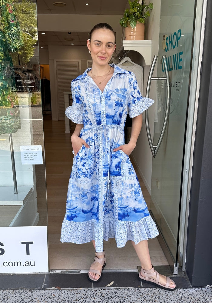 Load image into Gallery viewer, CARLA MIDI DRESS - BLUE PRINT