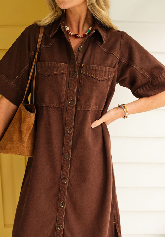 CERES LIFE AVA YOKE DETAIL MIDI DRESS - CHOCOLATE