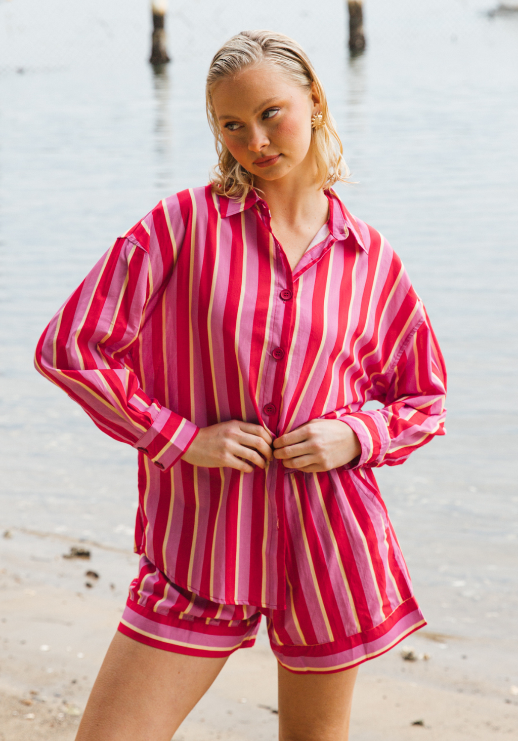 RENATA 100% COTTON SHIRT - RED/PINK STRIPE
