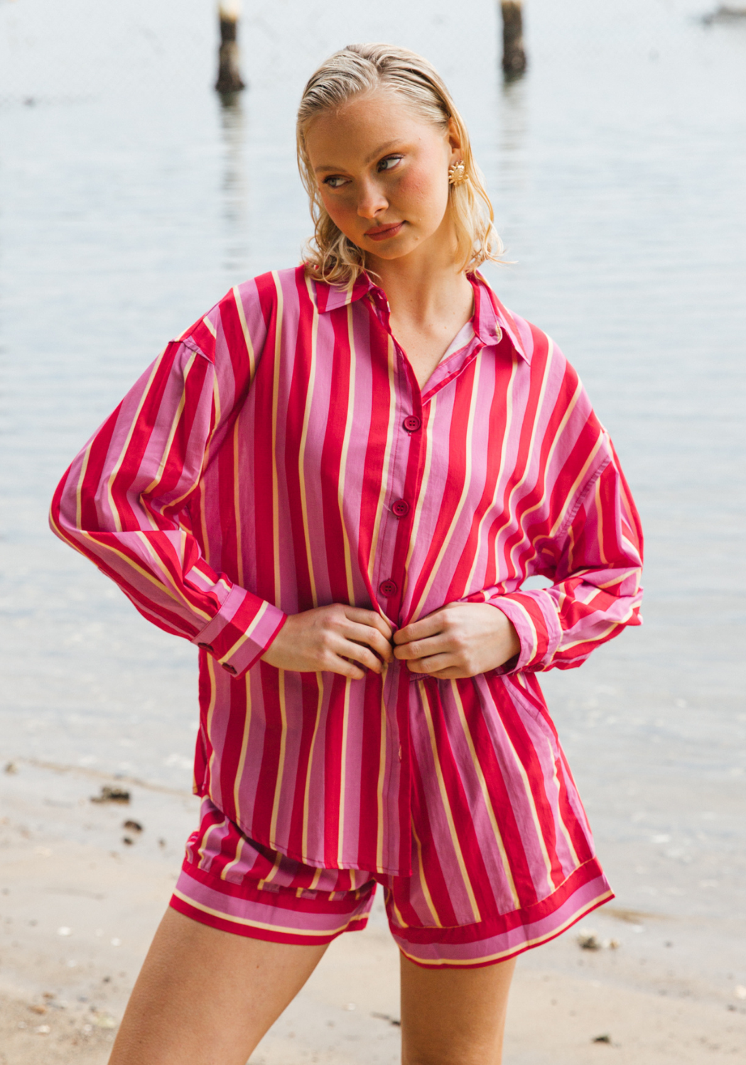 RENATA 100% COTTON SHIRT - RED/PINK STRIPE