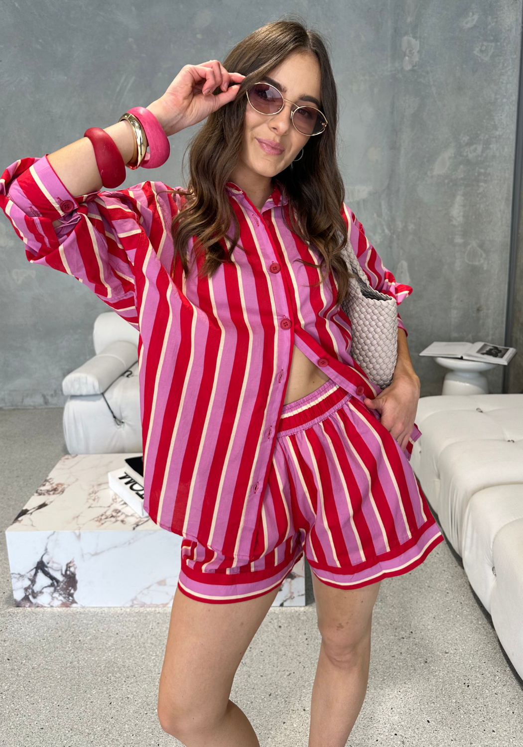 RENATA 100% COTTON SHORTS - RED/PINK STRIPE SHORTS