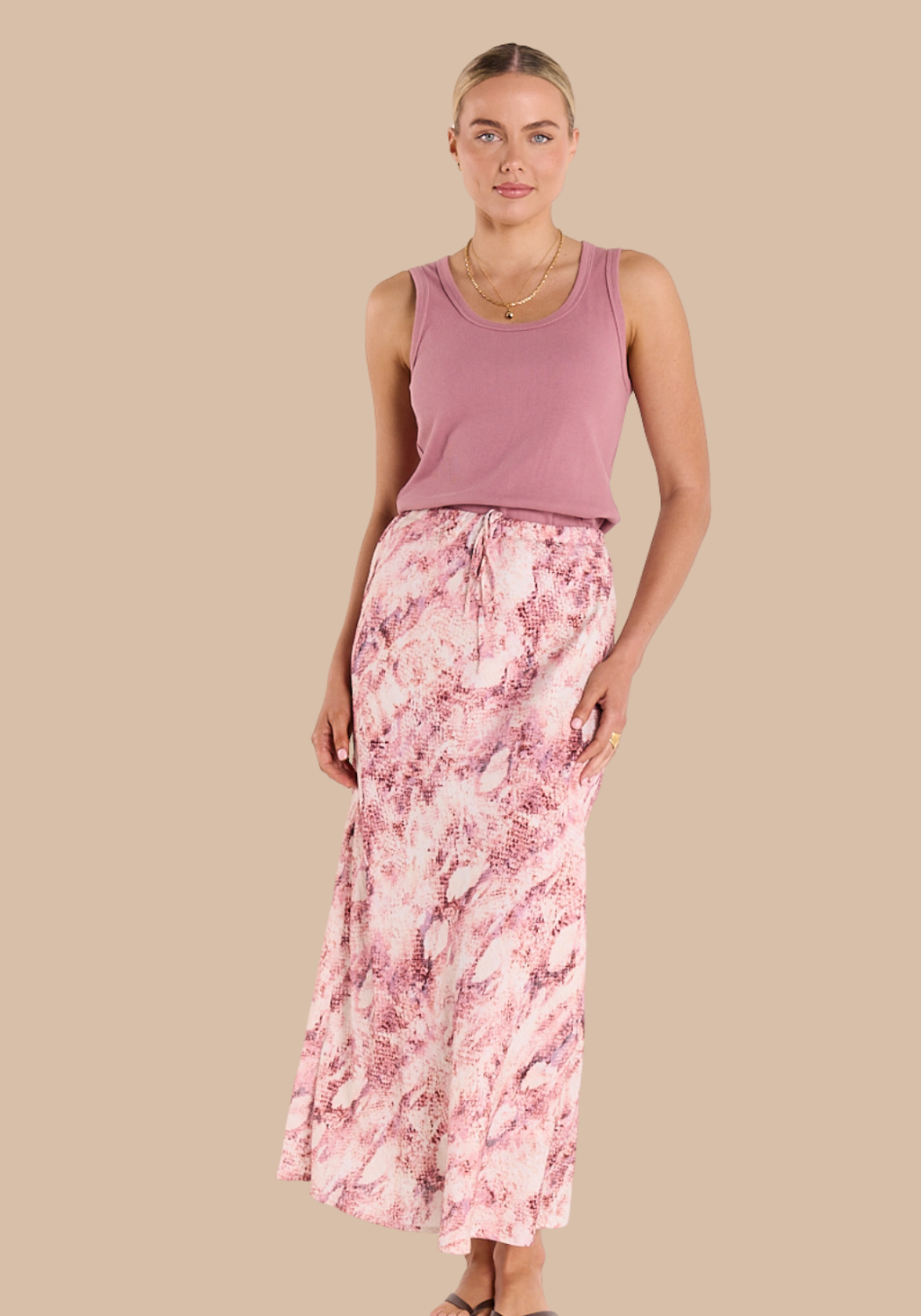 FEATHER + NOISE ELISHA SKIRT - PINK SNAKESKIN PRINT