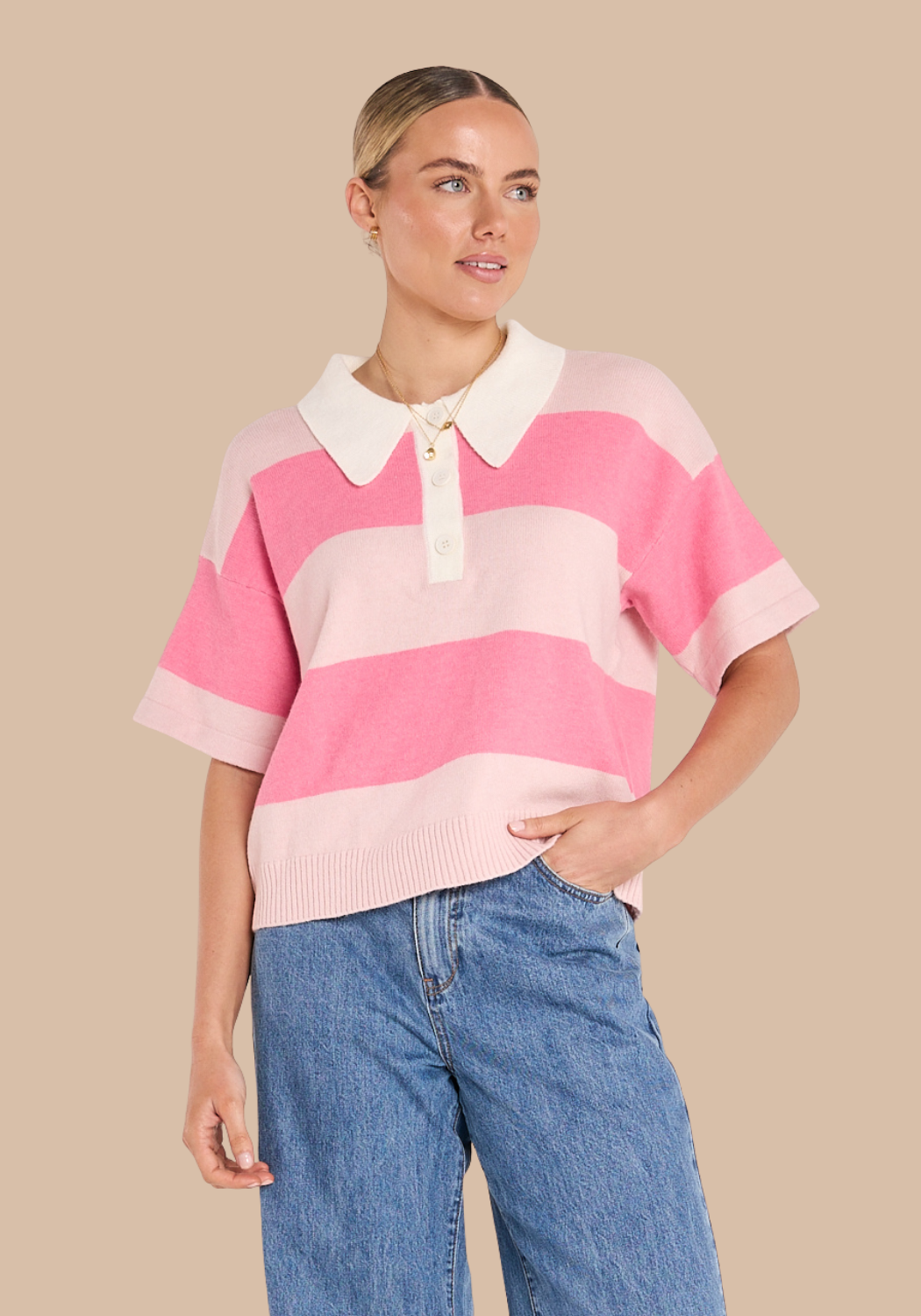 FEATHER + NOISE STEFI RUGBY TEE -  BLUSH PINK STRIPE