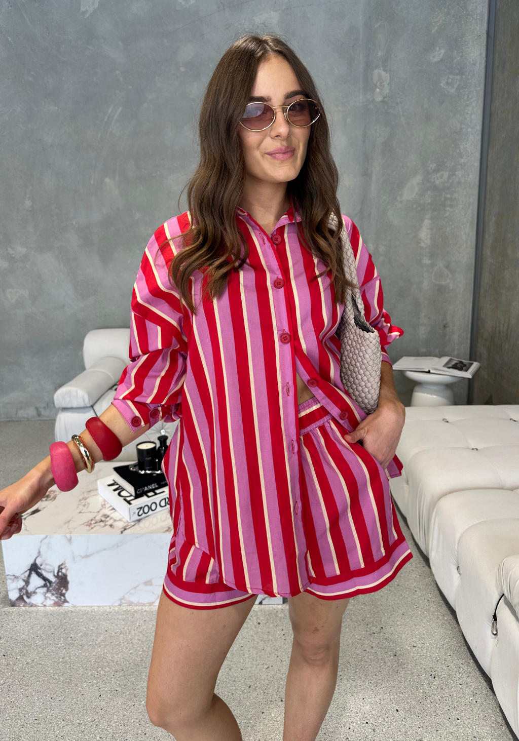 RENATA 100% COTTON SHORTS - RED/PINK STRIPE SHORTS