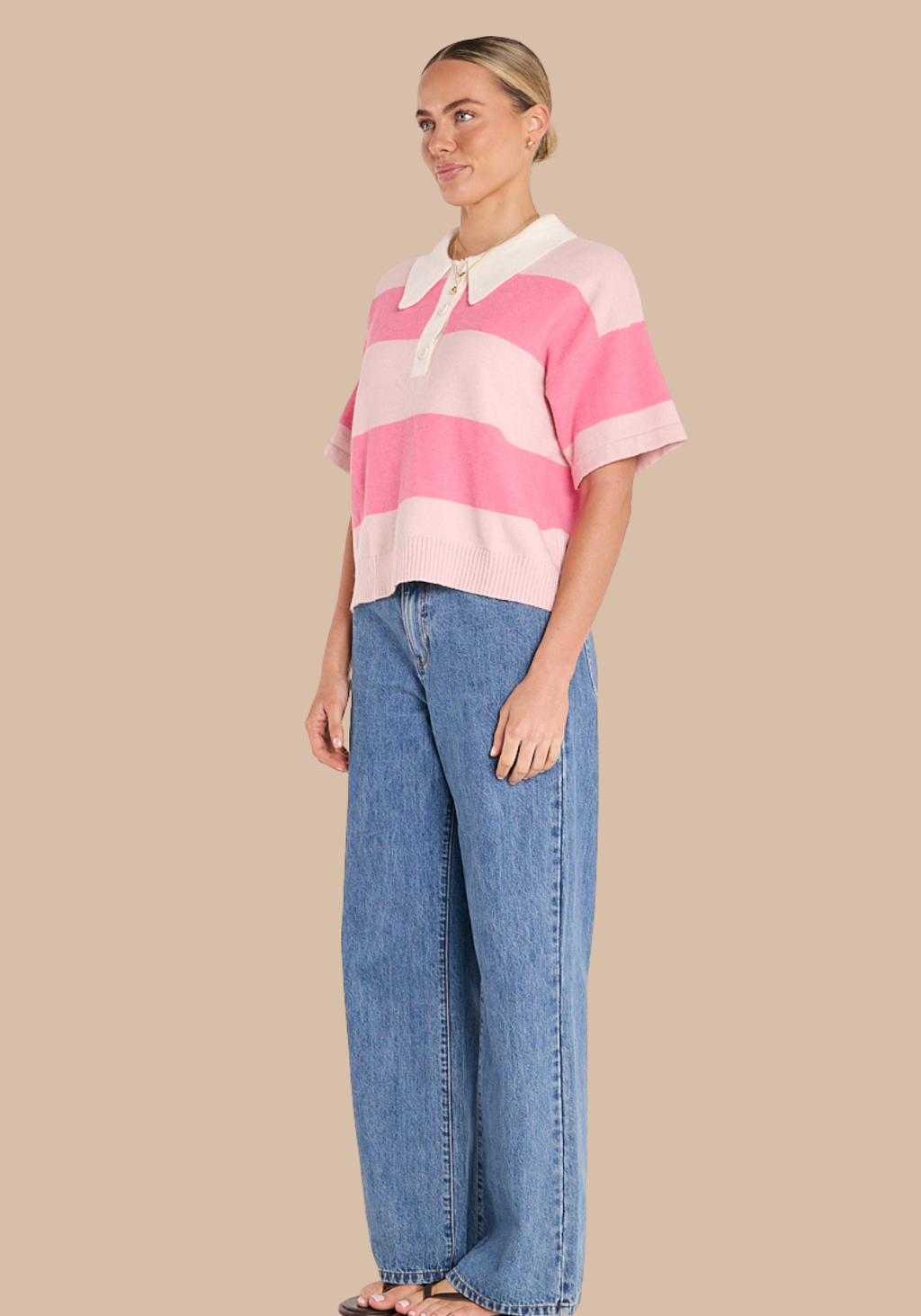 FEATHER + NOISE STEFI RUGBY TEE -  BLUSH PINK STRIPE