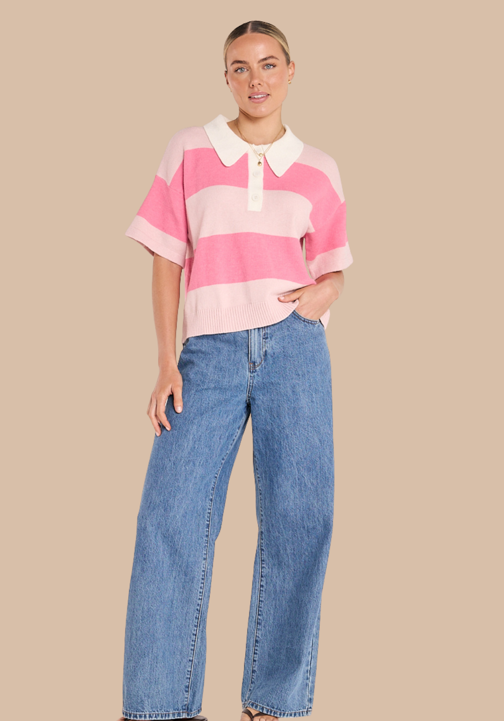 FEATHER + NOISE STEFI RUGBY TEE -  BLUSH PINK STRIPE
