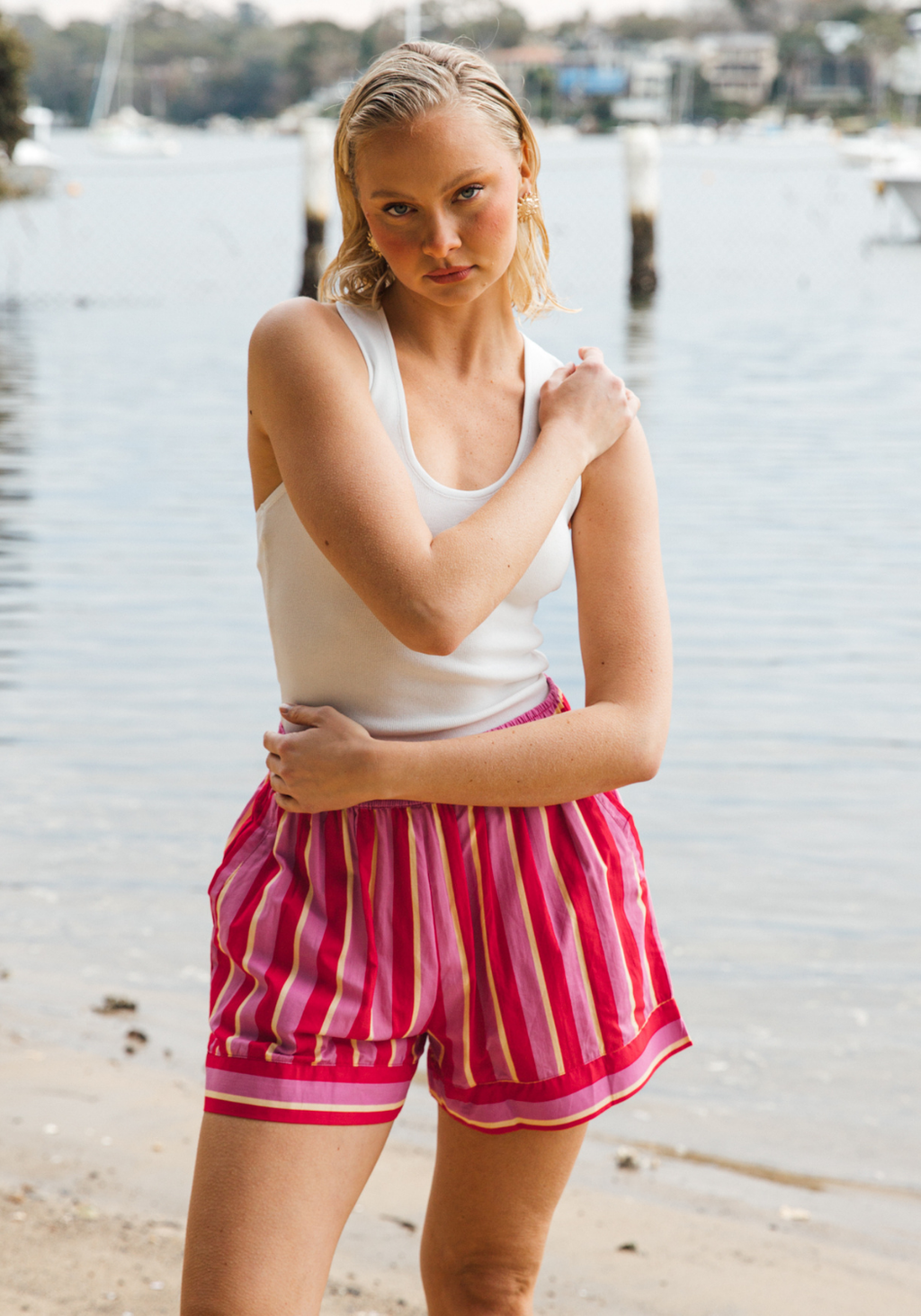 RENATA 100% COTTON SHORTS - RED/PINK STRIPE SHORTS
