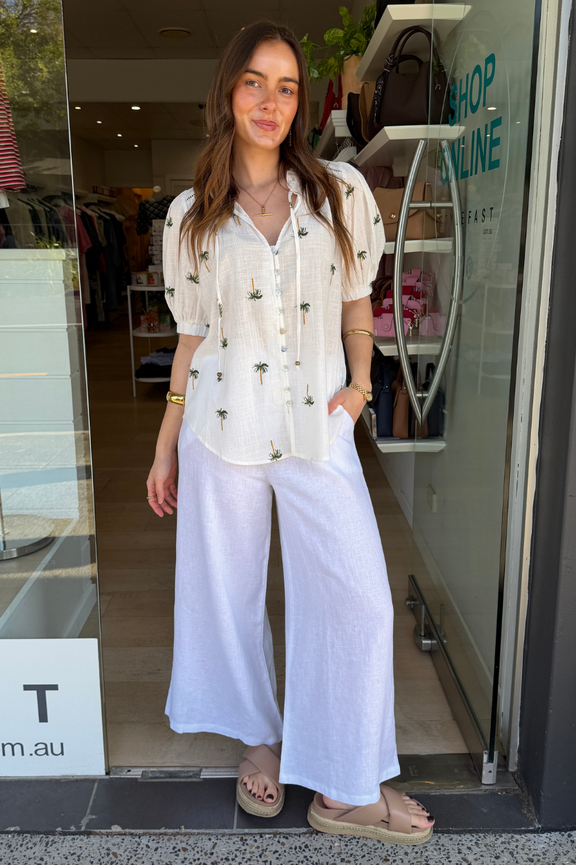 HALLIE BLOUSE - EMBROIDERY PALM PRINT