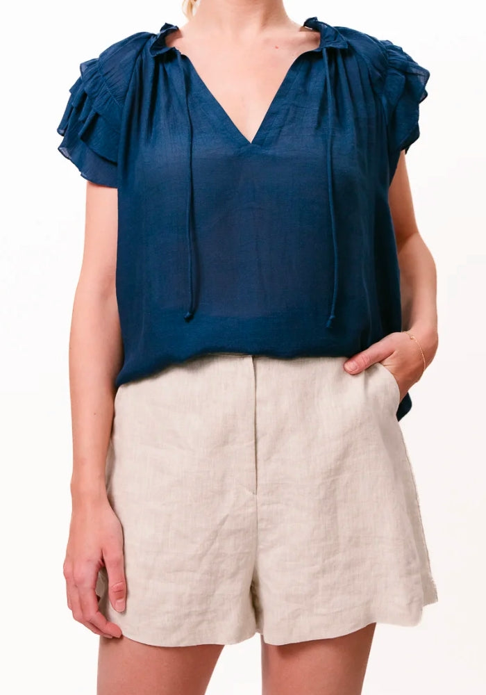 Load image into Gallery viewer, BRITTANY RUFFLE SLEEVE BLOUSE - NAVY