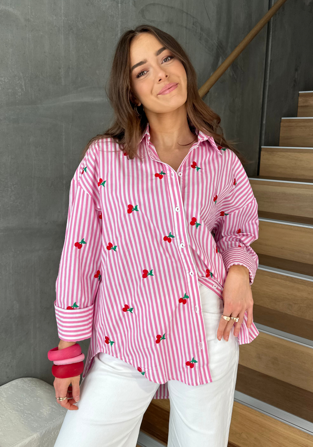 KIMMY BUTTON THROUGH SHIRT - PINK STRIPE
