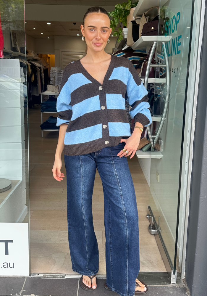 YANA V NECK KNIT - CHOC/BLUE STRIPE