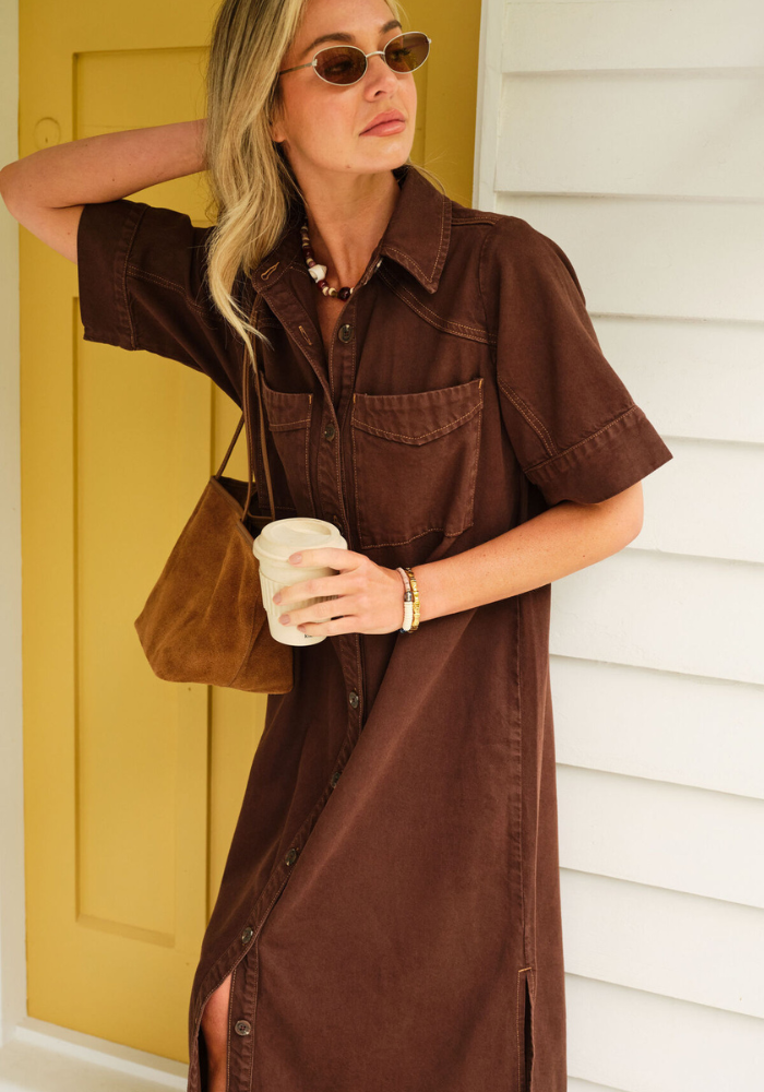 CERES LIFE AVA YOKE DETAIL MIDI DRESS - CHOCOLATE