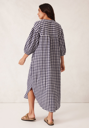 CERES LIFE CRINKLE MIDI DRESS - NAVY GINGHAM