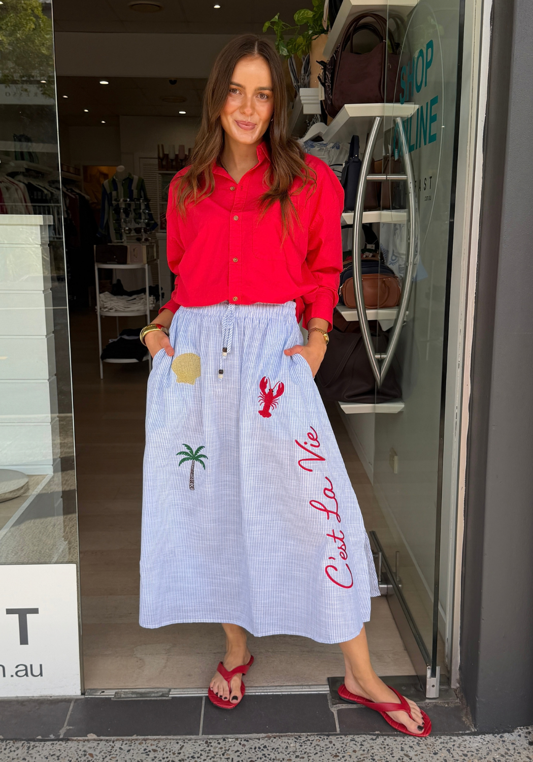 CELINE EMBROIDERY MIDI SKIRT - BLUE/WHITE STRIPE