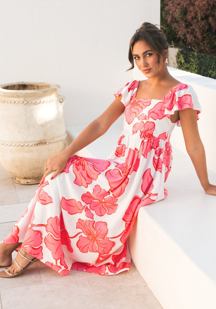 Load image into Gallery viewer, PALOMA FRILL SLEEVE MAXI DRESS - PINK FLORAL