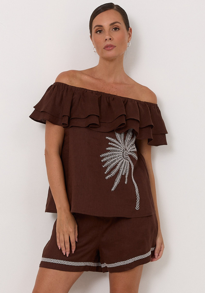 ADORNE SERENA LINEN FRILL TOP - CHOCOLATE