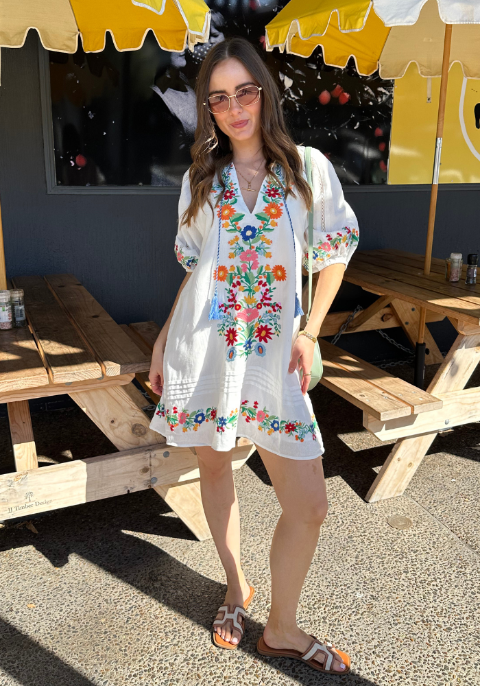 SHARN MINI DRESS - WHITE/ EMBROIDERY