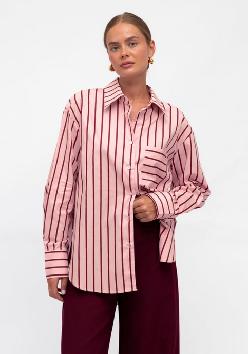 ZANA BUTTON THROUGH SHIRT - PINK AND BURGUNDY STRIPE