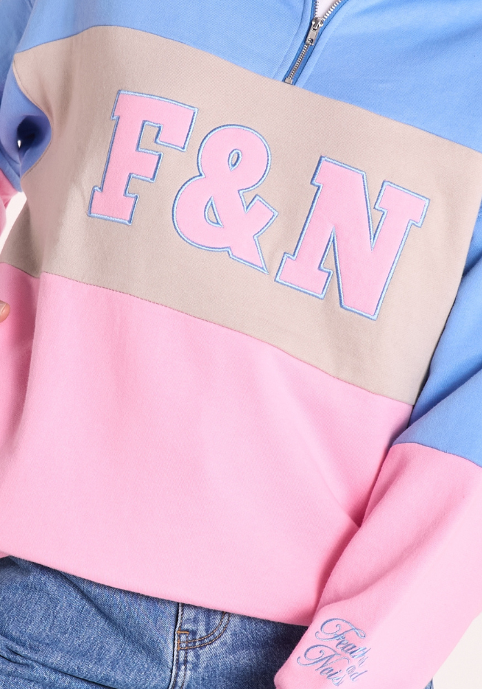 FEATHER + NOISE VARSITY LOGO SWEATER - PINK STRIPE