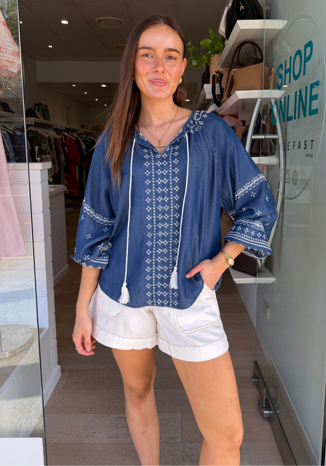 AMELIE EMBROIDERY BLOUSE - CHAMBRAY