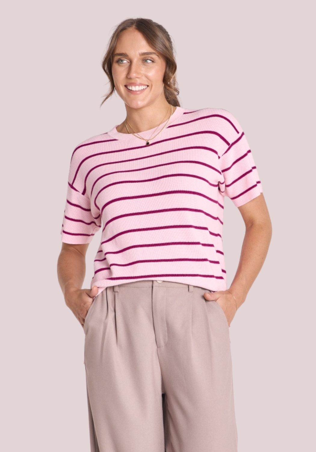 FEATHER + NOISE JASPER KNITTED TEE - PINK & BURGUNDY