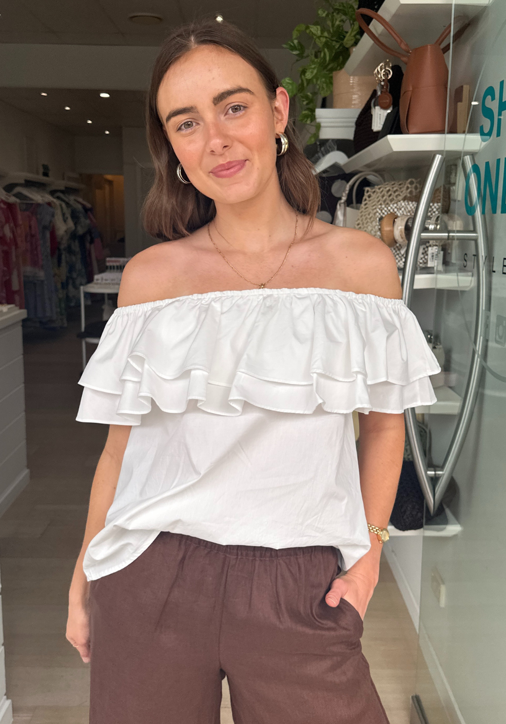 ADORNE SERENA POPLIN FRILL TOP - WHITE