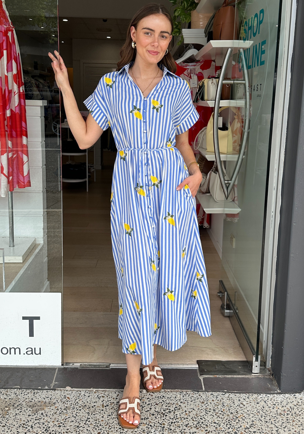 BONNIE BUTTON THROUGH MAXI DRESS - BLUE STRIPE/LEMON