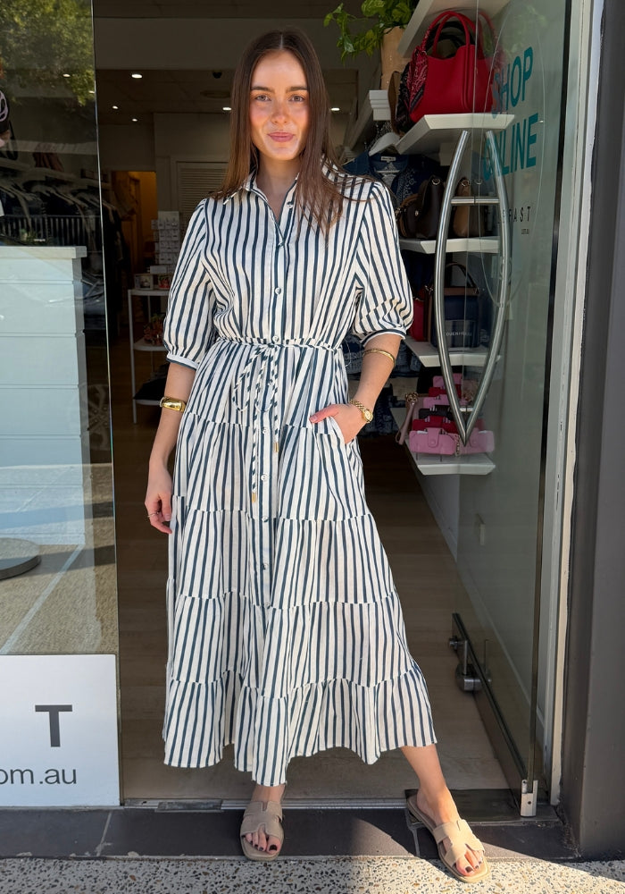 JANE LINEN DRESS - NAVY/WHITE PRINT
